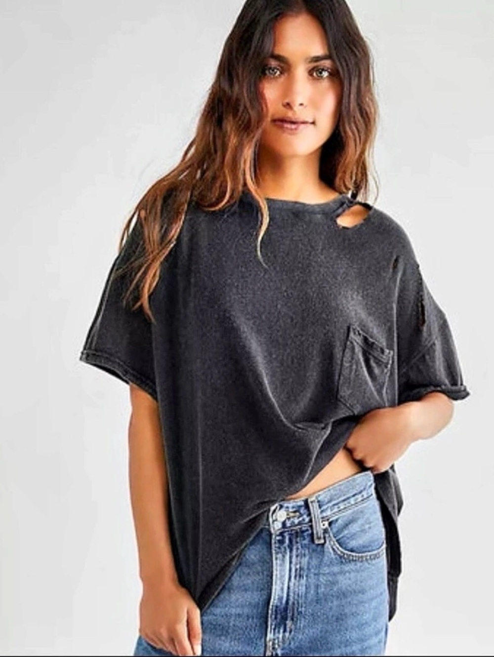 Free People/We The Free Distressed Rubi Pocket Tee in Black